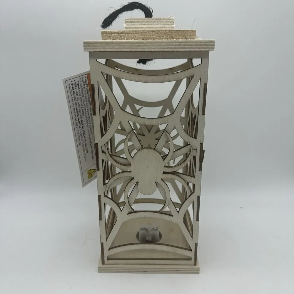 2PC Halloween Wooden Spider Lantern LED Light Up Centerpiece Decoration